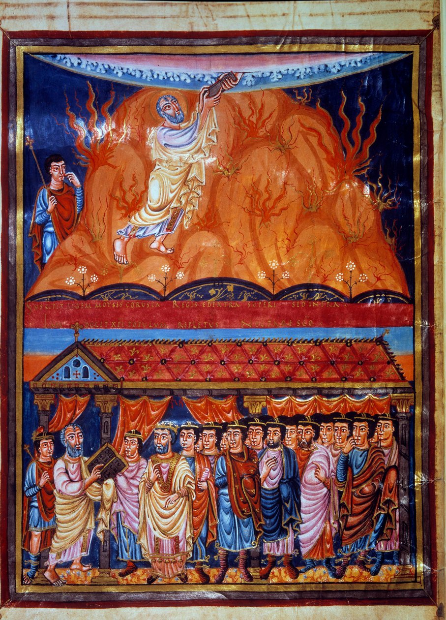 Överst: Moses tar emot lagens tabeller, längst ner: Moses förklarar lagen för det hebreiska folket. Miniatyr från "" First Bible by Charles the Bald"" 900-talets Paris, B.N. av Unknown artist