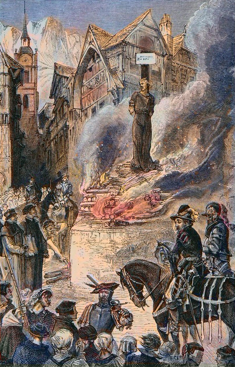 Tortyr av Michel Servet i Genève (Michael Servetus) (Michel de Villeneuve) Spansk läkare och teolog (1511-1553) - Le torice de Michel Servet (Miguel Serveto) (1511-1553) en Genève, spansk läkare och teolog Gravyr av Unknown artist