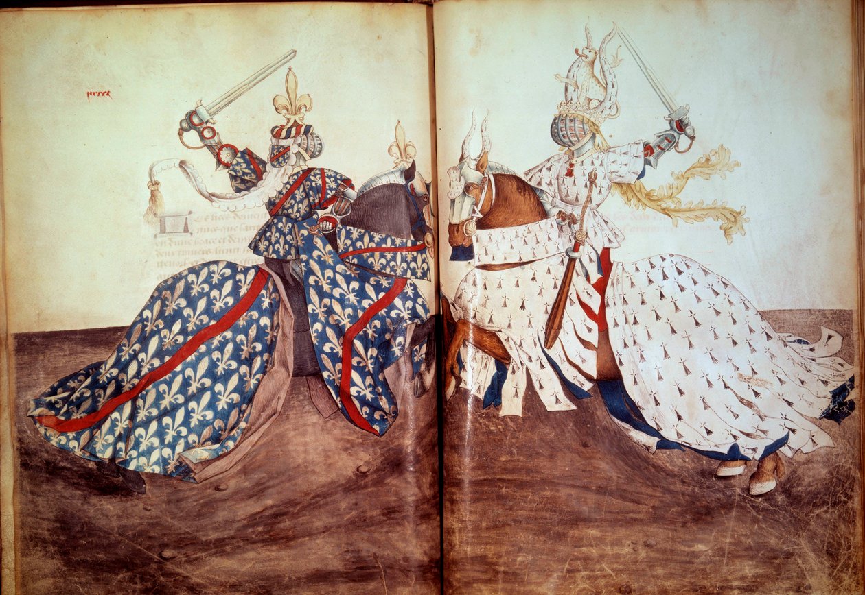 Turnering: Spel med den kallande herren och svarande herren (hertigen av Bretagne och hertigen av Bourbons ansikte). Manuskript "" Book of tournaments"" (Folio 32v - folio33) av Rene d