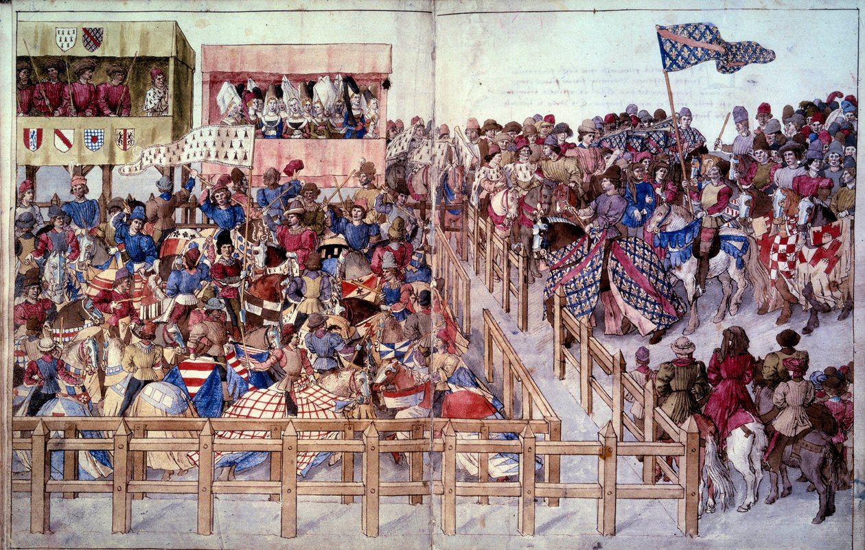 Turnering: De snurrande riddarna avlägger ed i tävlingen framför herrarnas läktare. Miniatyr i "Traite des tournaments"" av Unknown artist