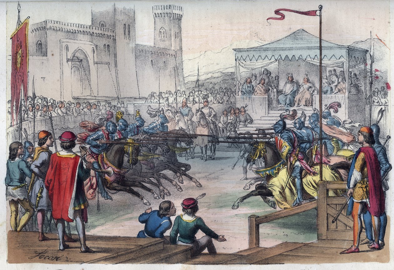 Turnering med anledning av bröllopet mellan Isabelle (Isabella, Elizabeth) av Baviere (1371-1435) och Karl VI - Turnering med anledning av bröllopet mellan Isabelle (Isabella, Elizabeth) av Bayern (1371-1435) och Karl VI av Frankrike - gravyr från av Unknown artist