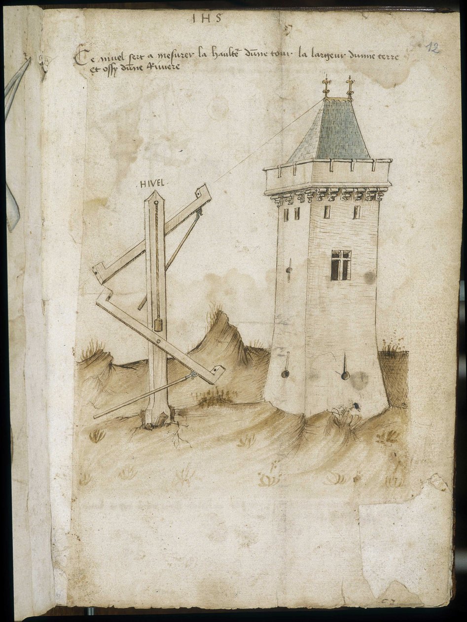 Tornmätmaskin - Manuskript: pergamentark av en ingenjörsmanual för konstruktion av civila, religiösa och militära byggnader, anonym, sent 1400-tal (figur med kinesiskt bläck) av Unknown artist