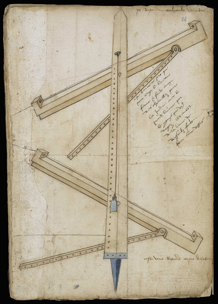 Tornmätmaskin - Manuskript: pergamentark av en ingenjörsmanual för konstruktion av civila, religiösa och militära byggnader, anonym, sent 1400-tal (figur med kinesiskt bläck) av Unknown artist