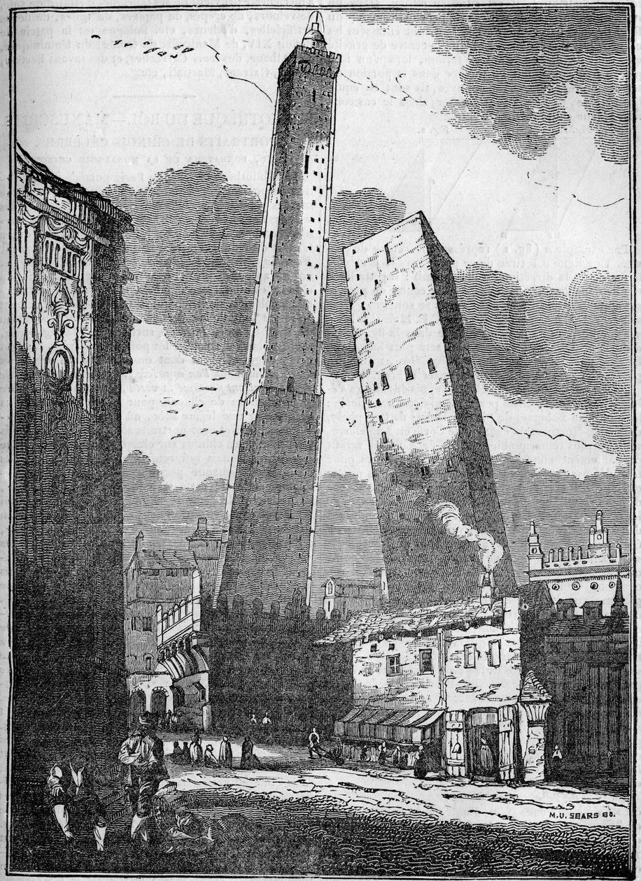 Towers of Bologna - Asinelli-tornet och det mindre Garisenda-tornet - gravyr från 1800-talet av Unknown artist
