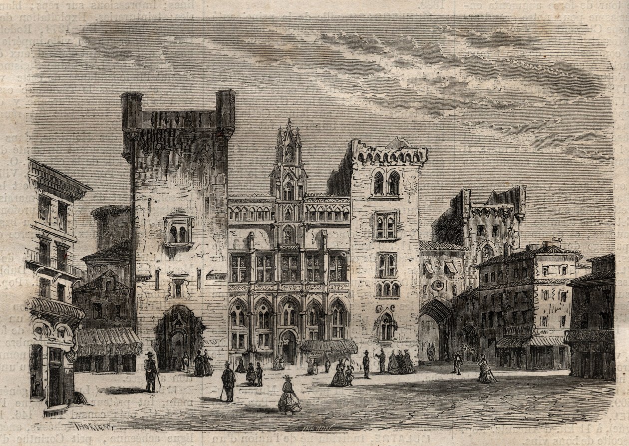 Rådhuset i Narbonne - Languedoc-Roussillon-Midi-Pyrénées - Frankrike - gravyr i "Dictionnaire populaire illustrious" - 1864 - av Joseph Decembre och Edmond Allonier - av Unknown artist
