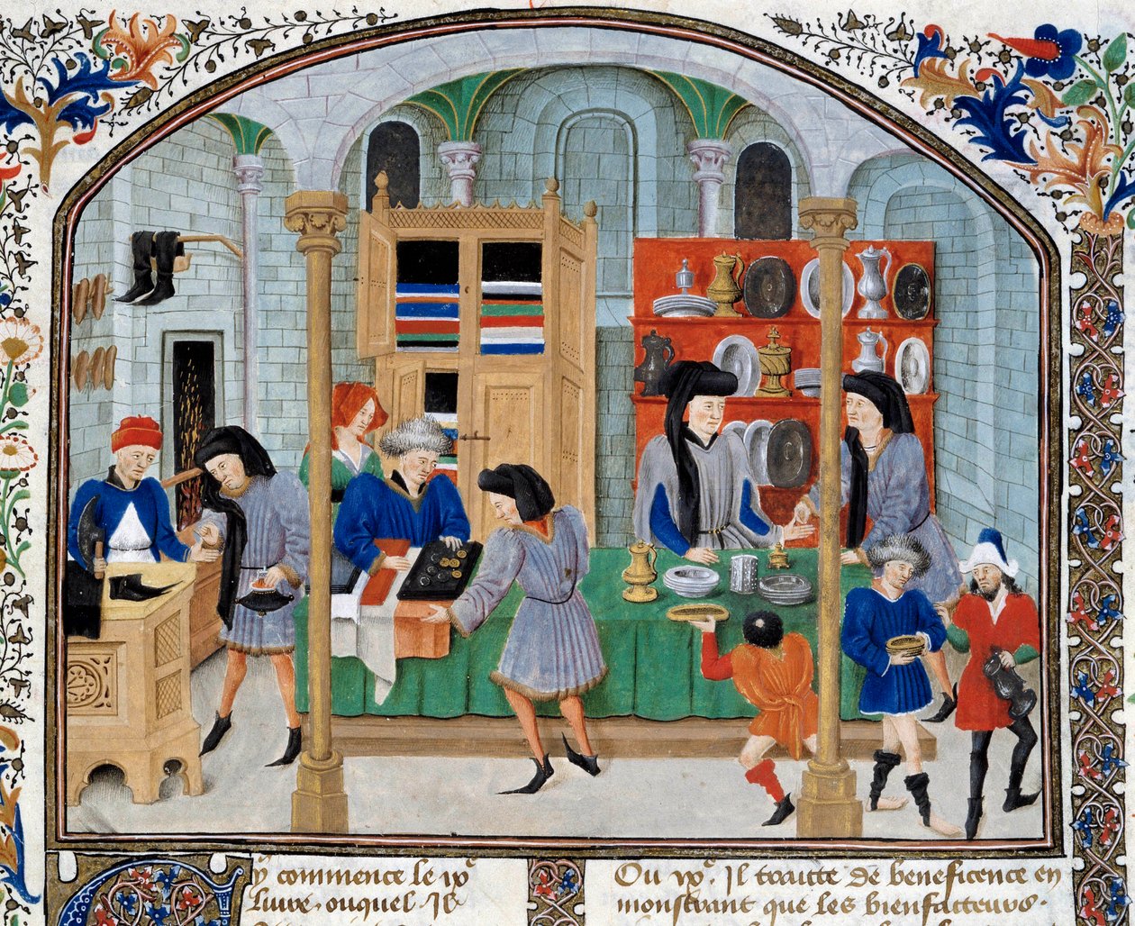 Handelsscen: köpmän i en butik presenterar servis och bestick till sina kunder. Miniatyr hämtad från en upplaga av "Ethical, Political and Economic"" av den grekiske filosofen Aristoteles (384-322 f.Kr.) av Unknown artist