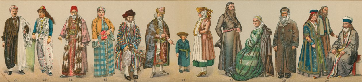 Judiska folkets traditionella dräkter, från "The Jewish Encyclopedia av Unknown artist