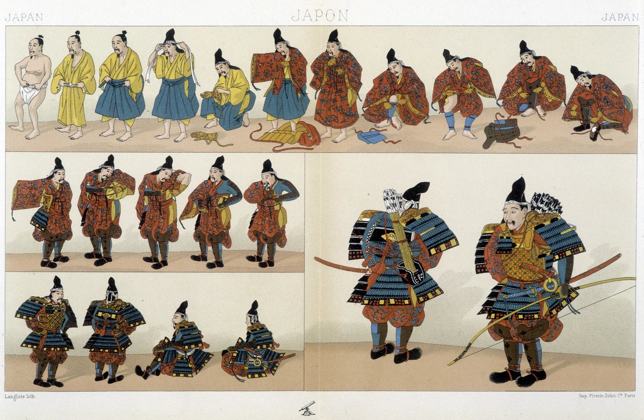 Traditionella japanska samurajkläder - i ""The Historical Costume"" av Racinet av Unknown artist