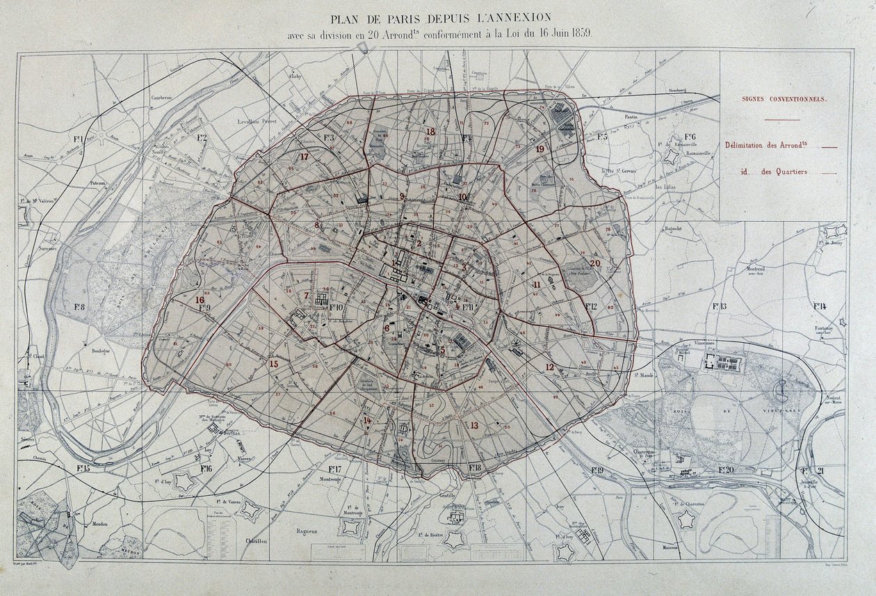 Förvandlingar av Paris under det andra imperiet, Haussman Paris. Karta över Paris sedan annekteringen med dess indelning i 20 arrondissement, i enlighet med lagen av den 16 juni 1859 - i "Administrativ atlas över arrondissementen i staden Paris" av Unknown artist