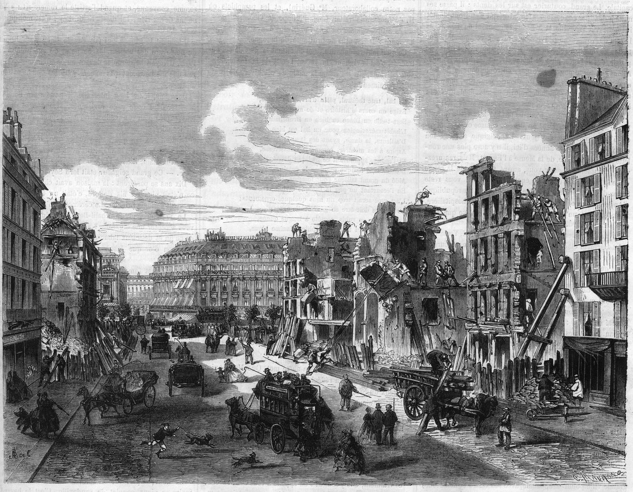 Förvandlingar av Paris under det andra imperiet, Paris Haussmann (Boulevard, Haussmann verk): rivning av Rue de la Paix för öppnandet av Rue Reaumur. Gravyr i "" The Illustrious Universe"" av Unknown artist