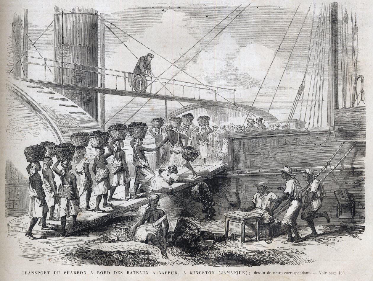 Transport av kol ombord på ångfartyg i Kingston (Jamaica) - Lastning av kol i Kingston - Jamaica - 1866 Gravyr från "" The Illustrous Universe"" 1866 av Unknown artist