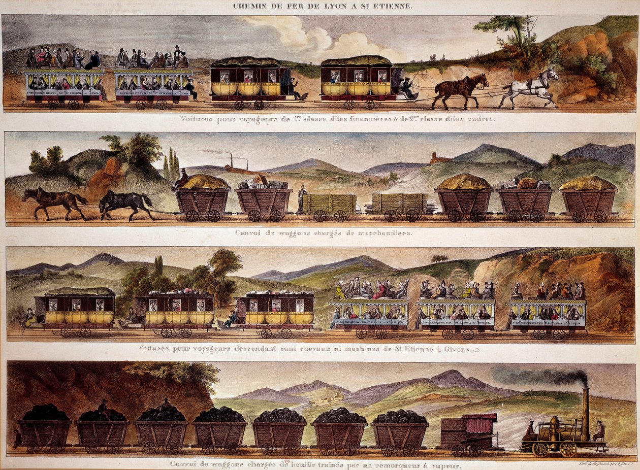 Transport: representation av gods- och passagerartåg från Saint Etienne till Lyon. 1800-talets Paris, B.N. av Unknown artist