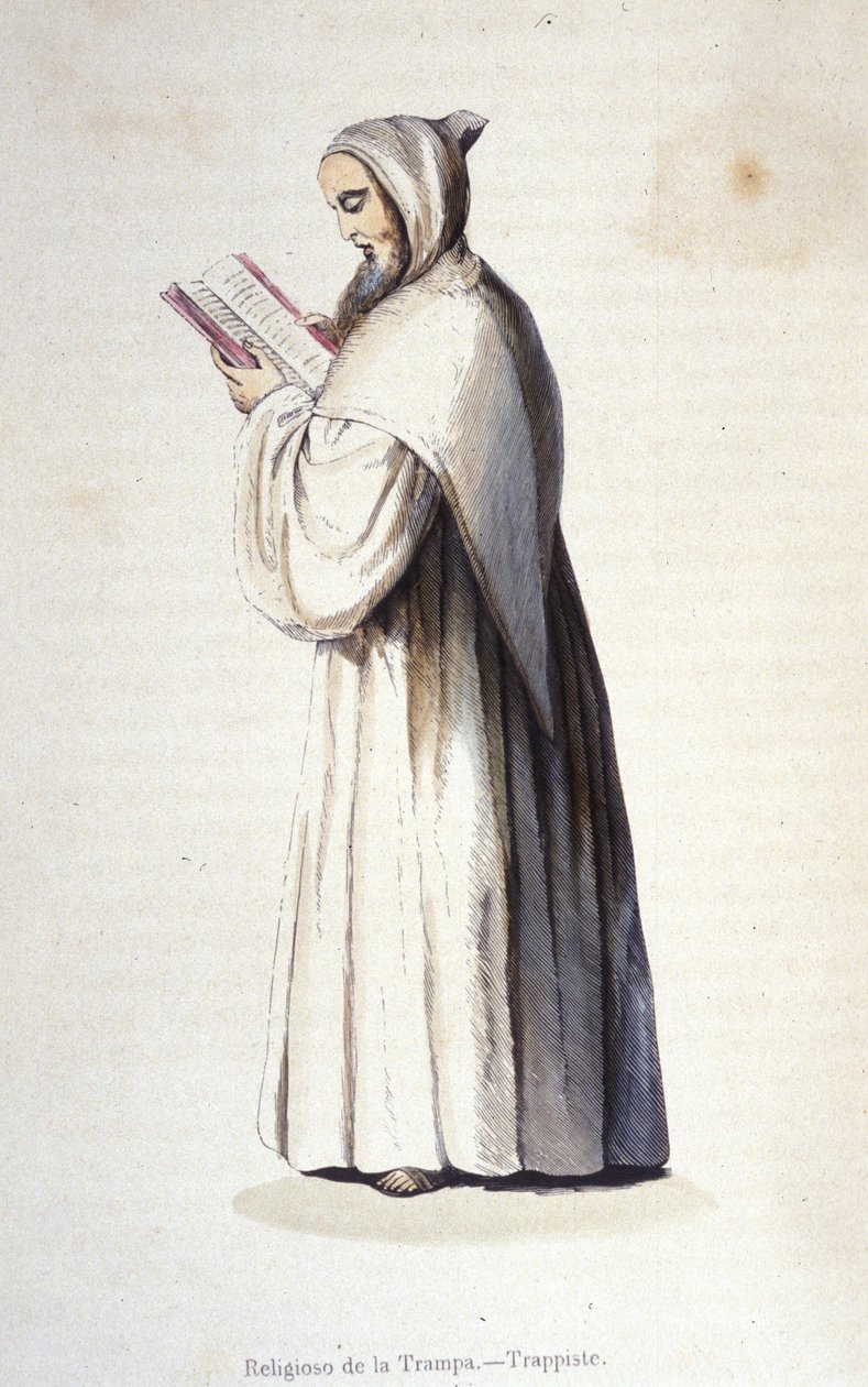 Trappistmunk, Citeaux-orden som observerar det reformerade styret av Trappe som instiftades 1664 av Rancé. Gravyr av 1800-talet. av Unknown artist