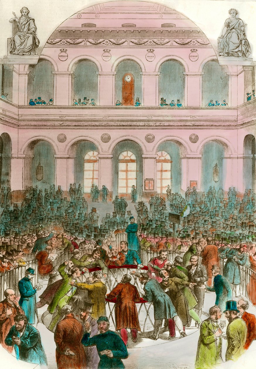 Skräp av bytesagenter vid Bourse de Paris Gravyr 1856 Privat samling av Unknown artist
