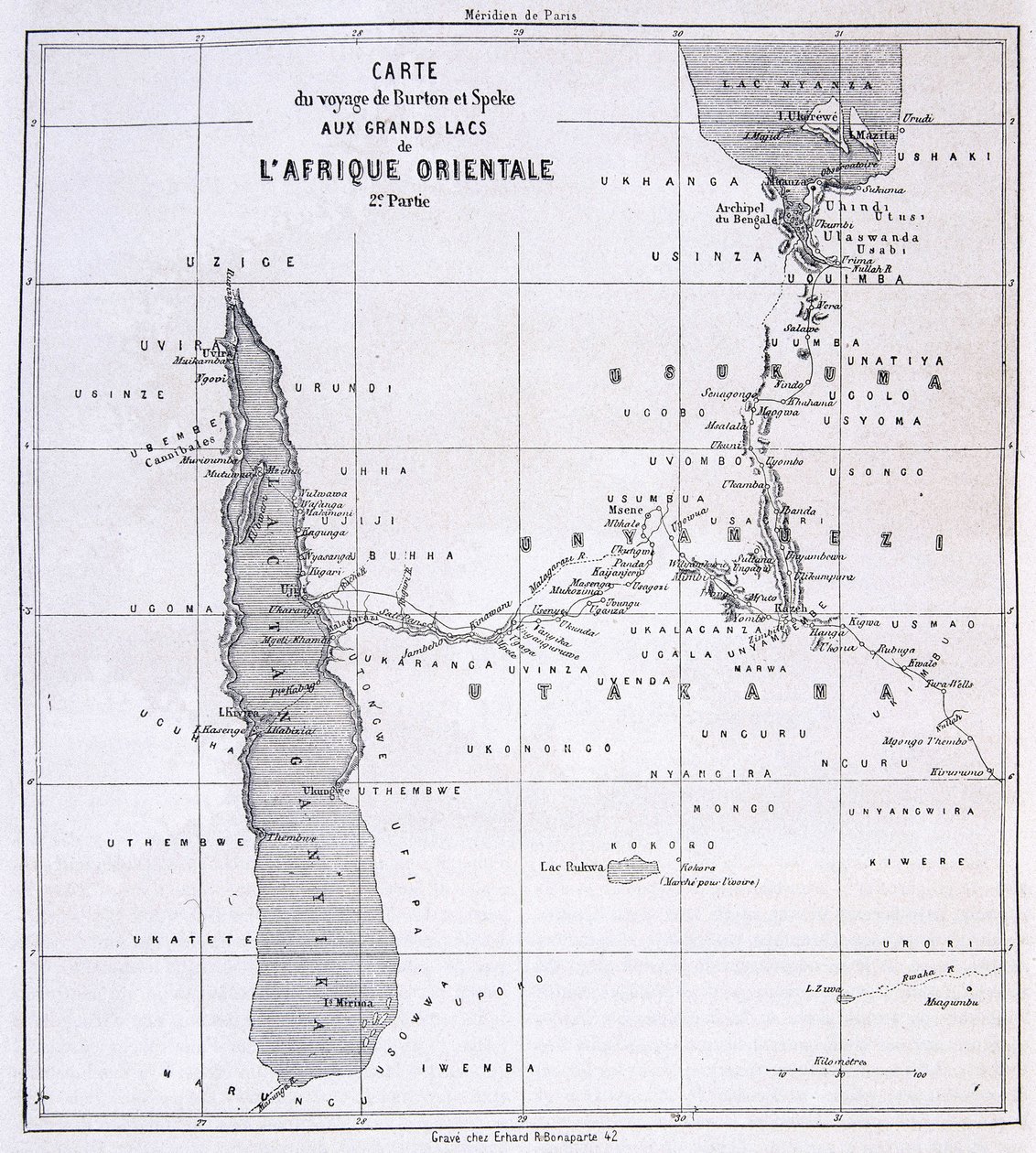 Resekarta över Richard Francis Burton, brittisk upptäcktsresande (1821-1890) och Speke till de stora sjöarna i Östafrika 1857-59 - i Tour du Monde av Unknown artist