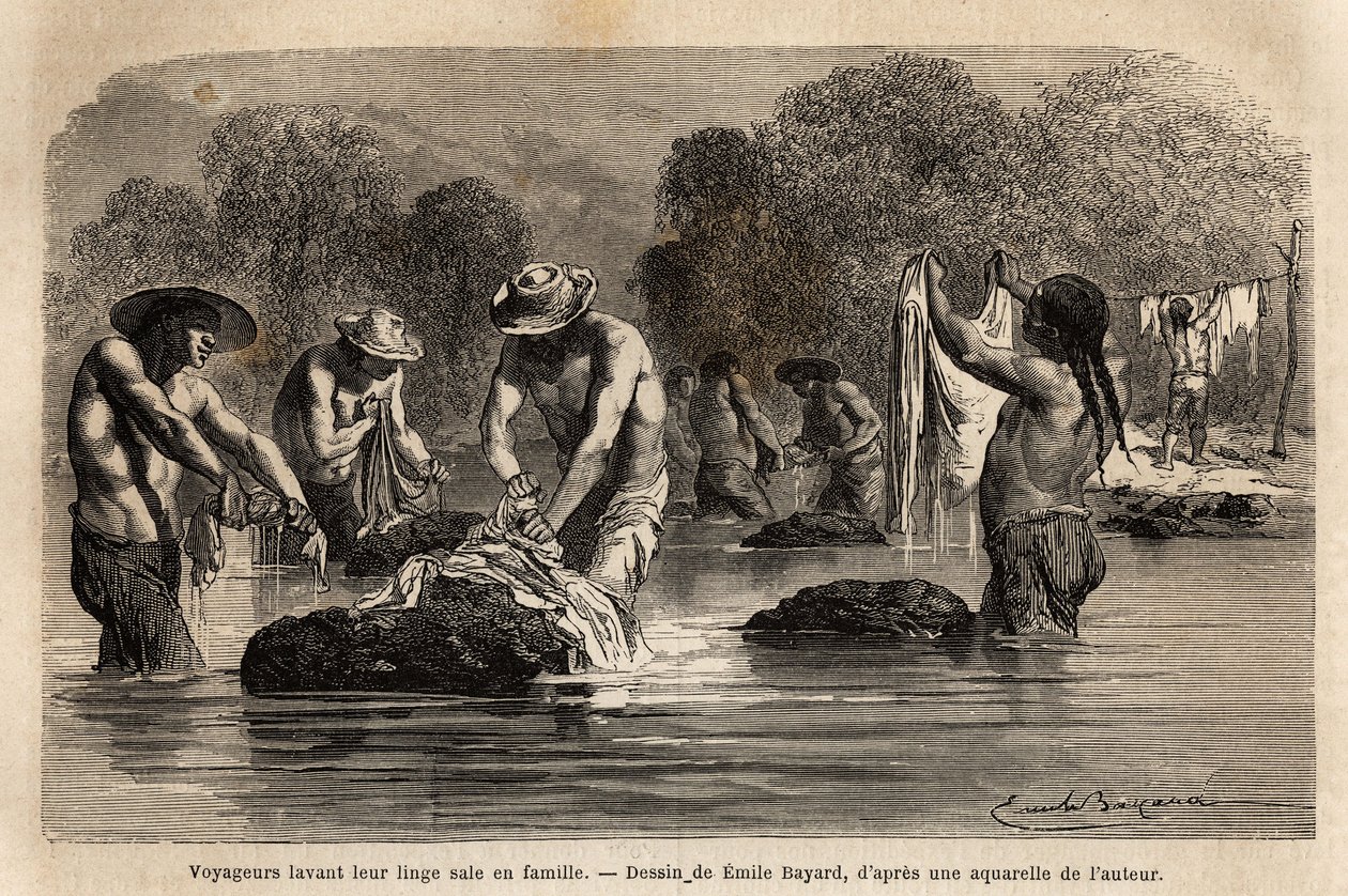 Resenärer som tvättar sin smutstvätt i floden, tillsammans med bolivianska peoner, i närheten av Maniri (Nedre Peru). Engravure pour illustrrer le voyage dans les vallees de Quinquinas, av Paul Marcoy, 1849-1861, publicerad i "" Le tour du monde""" 18 av Unknown artist