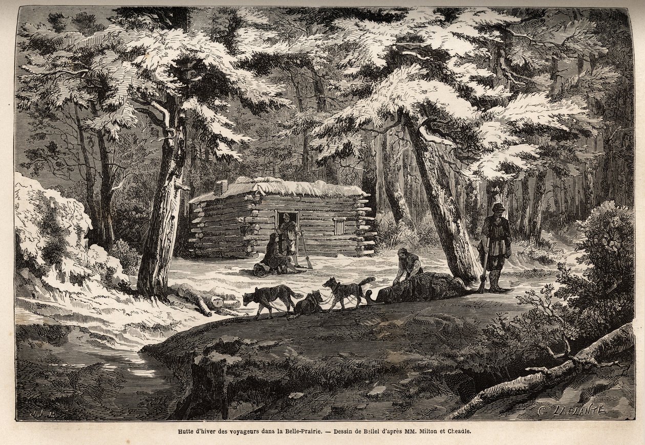Resenärs vinterstuga på den vackra ängen (Kanada), tillflyktsort för fångare och deras pulka. Gravyr för att illustrera resan från Atlanten till Stilla havet (route du nord ouest par les terres), 1862-1864 av Viscount Milton och Doctor Cheadle, i av Unknown artist