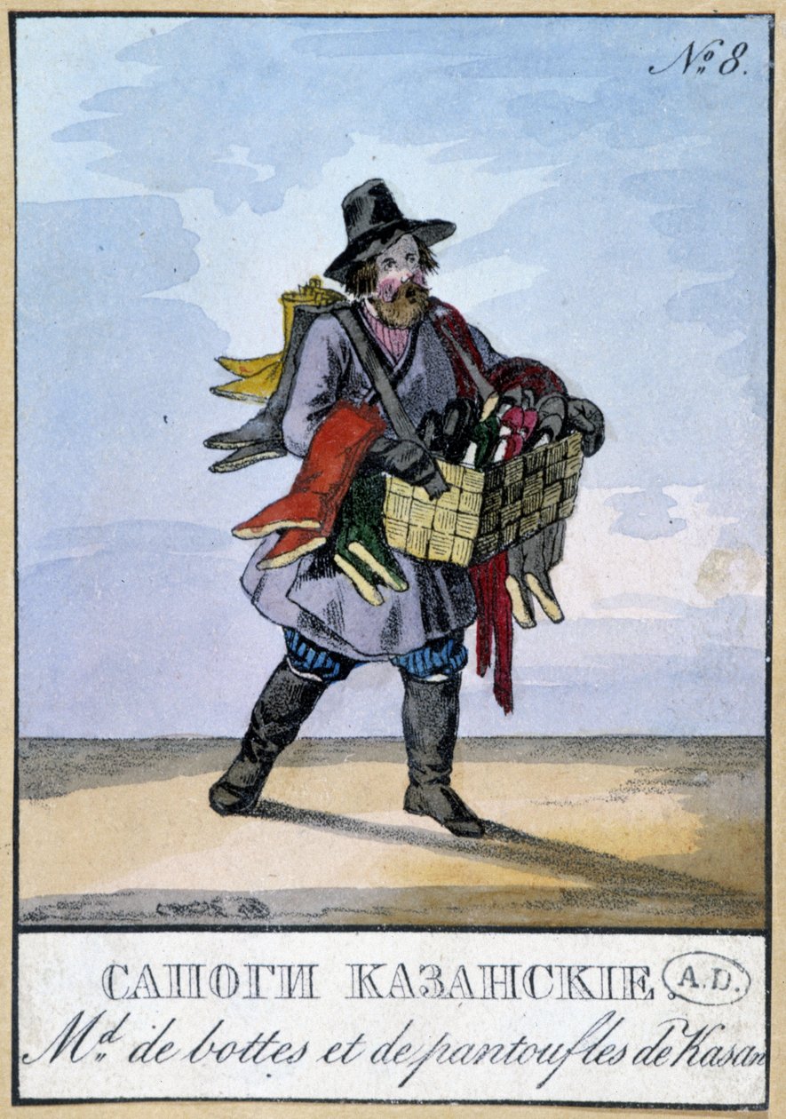 Resande köpman av stövlar och tofflor av Kasan - Gravyr från 1800-talet av Unknown artist
