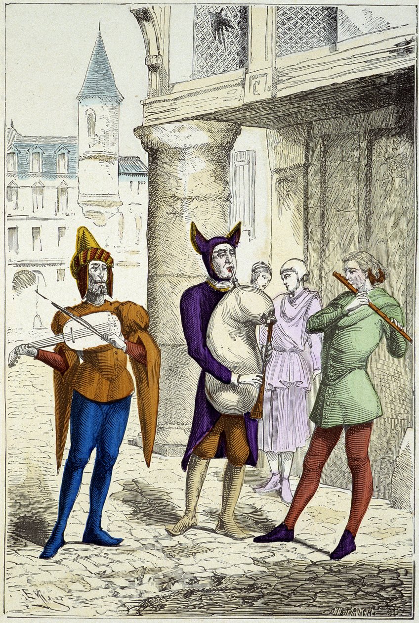 Resande musiker på 1400-talet - i "" Costumes de Paris genom århundradena"" av Unknown artist