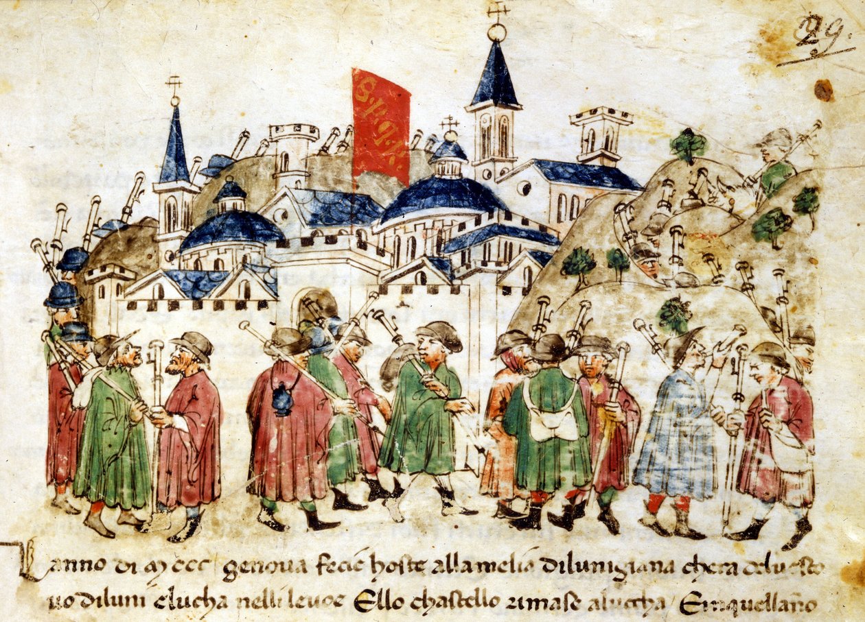 Resande pilgrimer anländer till Rom. 1300-talet. Krönika Sercambi. Lucca, Riksarkivet. av Unknown artist