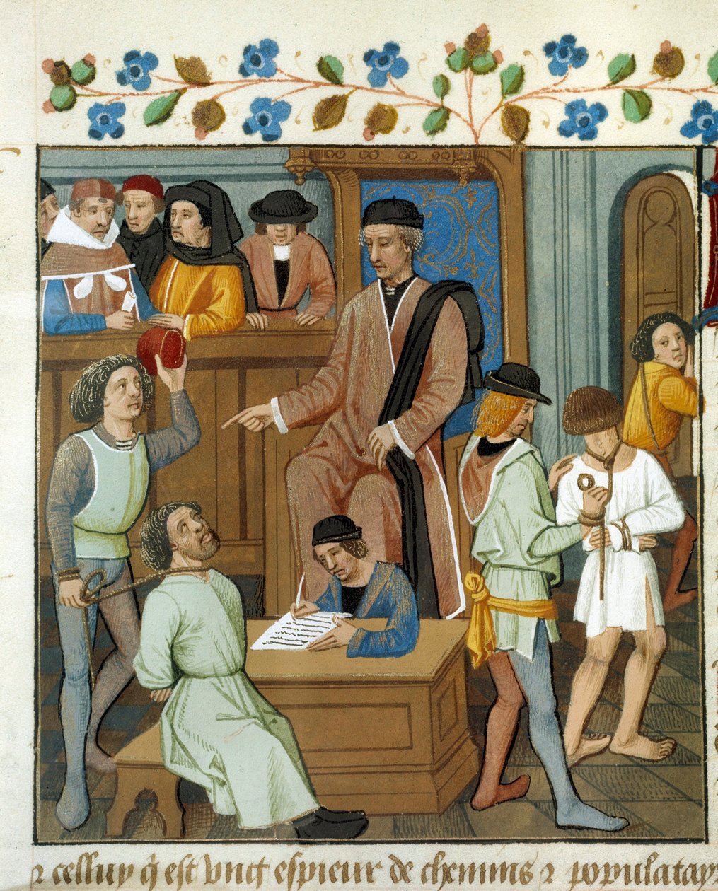 Rättegångsplats: domaren förhör en dömd som bär ett rep på halsen. Miniatyr från ett manuskript. 1400-talets Paris, B.N. av Unknown artist