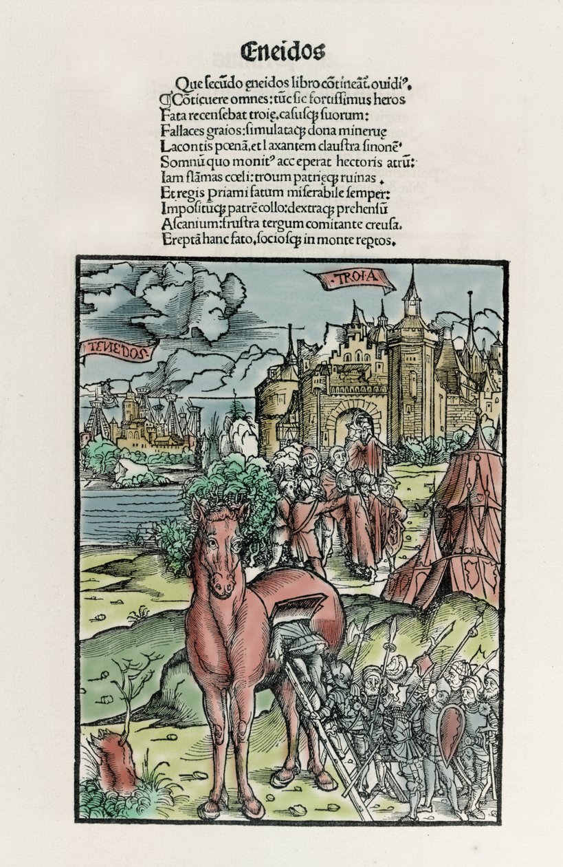 Trojan: Grekiska krigare lämnar hästen när den har korsat stadsmuren. Eneide. Xylografi av Sebastian Brant. Strasbourg av Unknown artist