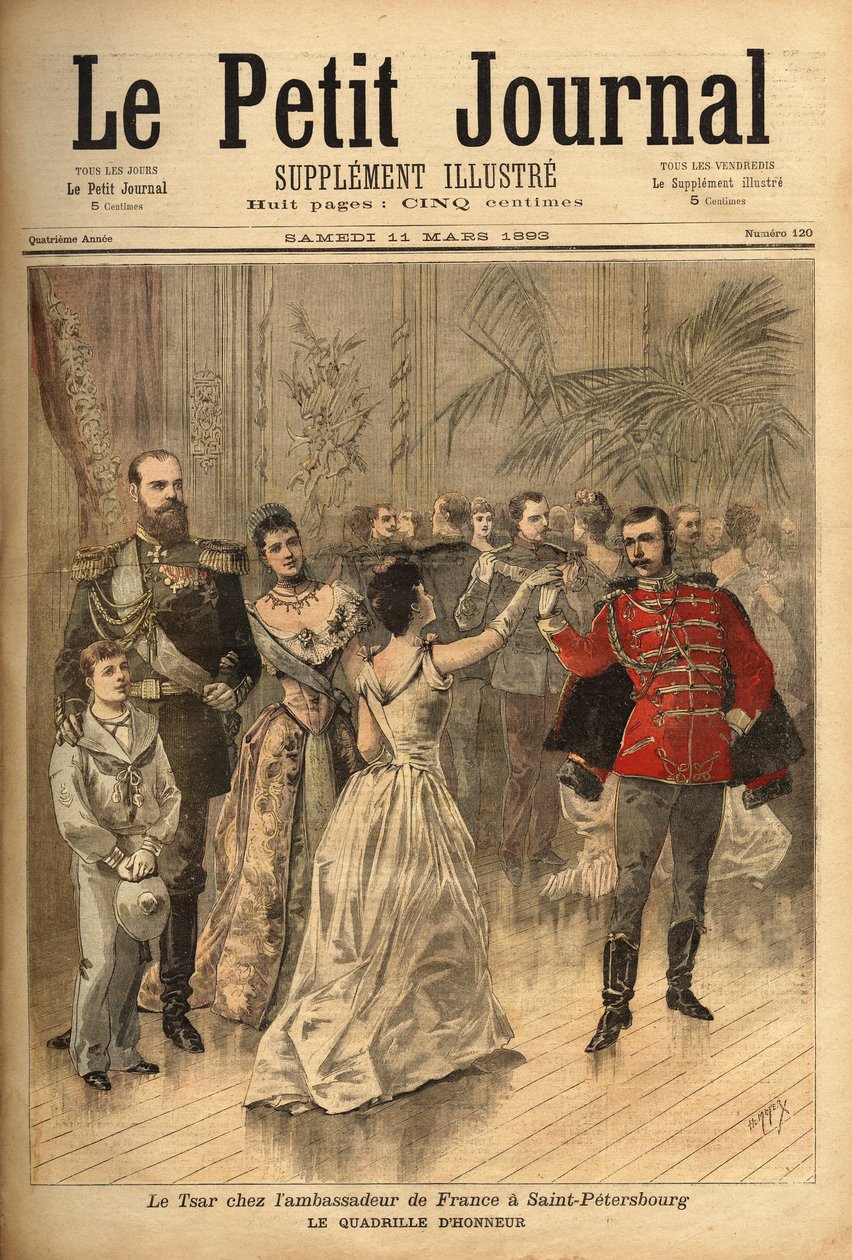 Tsar Alexander III (1815-1894) dansar en hederskvadrille vid en fest som greve av Montebello, Frankrikes ambassadör i Ryssland, gav. Gravyr i "Le petit journal" 11/03/1893. Selvas samling. av Unknown artist