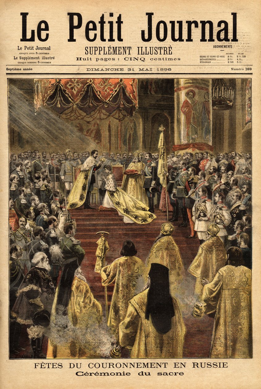 Tsar Nicholas II (1868-1918), i Assumption Cathedral (Moskva), kröner sin fru, Alexandra Fedorovna (1872-1918). Gravyr i "" Le petit journal"" 1896-05-31. Selvas samling. av Unknown artist