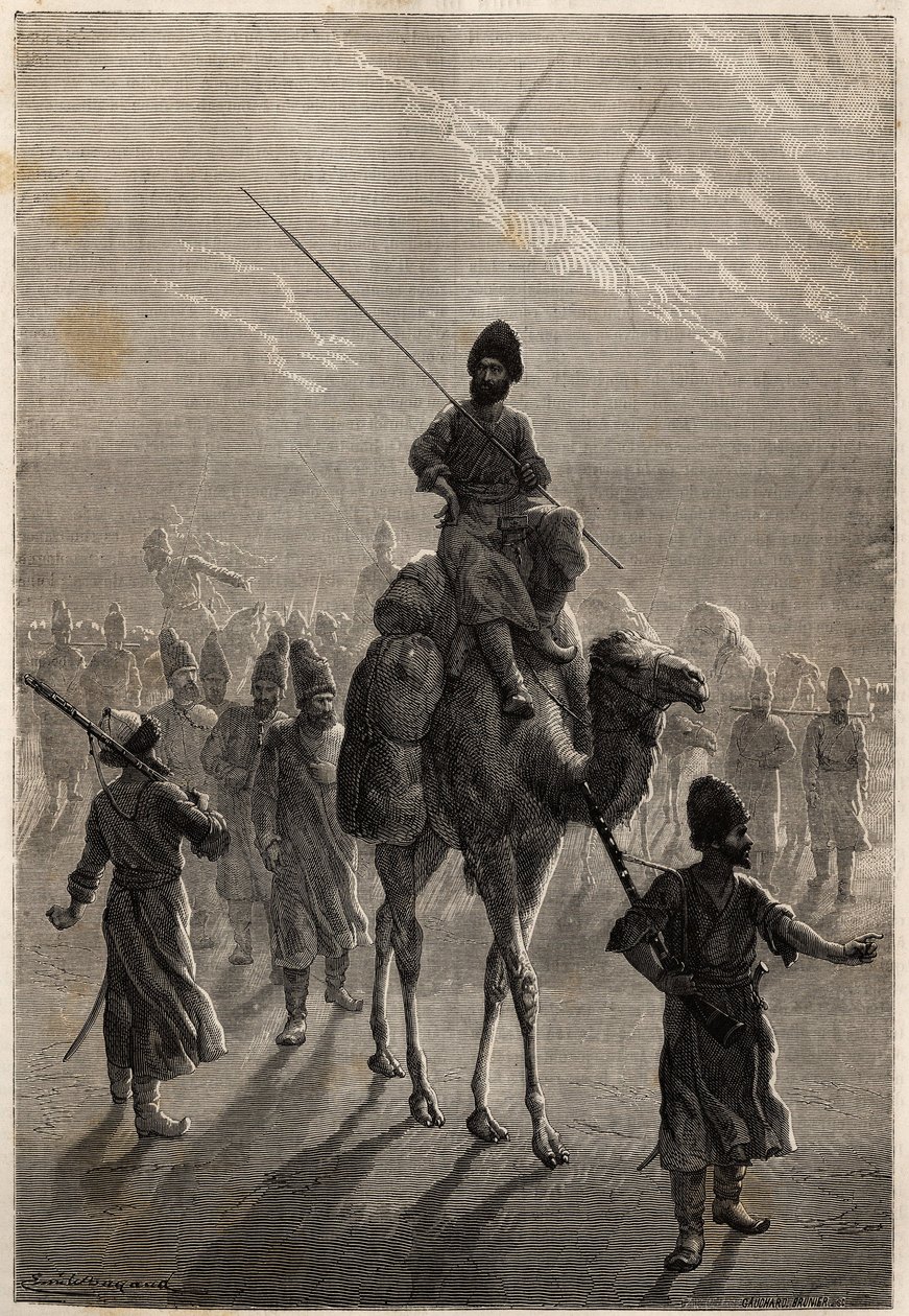 Turkiska fångar förda till Teheran i syfte att byta ut sitt agg eller utbyta mot andra fångar. Gravyr för att illustrera historien om Henri de Blocqueville "14 mois de captivite chez les turcomans"" mellan 1860 och 1861, i "Le tour du mo av Unknown artist