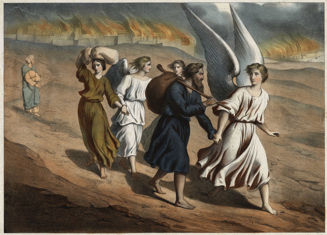 Två änglar vägleder Loth och hans döttrar som måste lämna staden Sodom, som liksom Gomorra förstörs av Gud. Loths fru som återvänder till staden trots förbudet kommer att förstenas som en saltstaty. Anonym gravyr från mitten av th av Unknown artist
