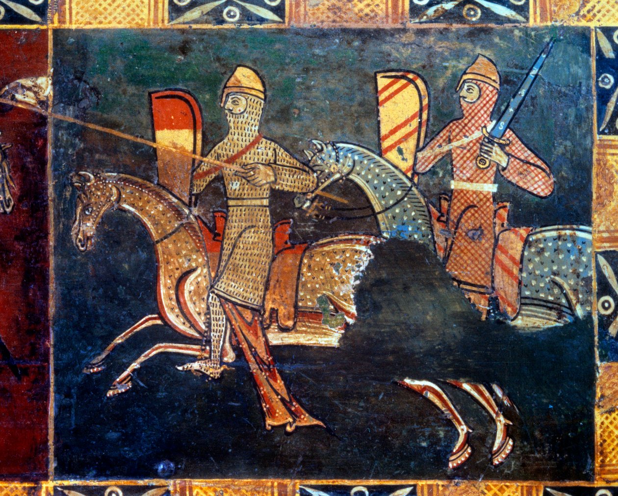Två riddare i sidan av nätet går till strid Detalj av dekorationen av en bröllopslåda som skildrar scener av seigneurialt liv. 1300- eller 1400-talet. Vannes, Vannes museum av Unknown artist