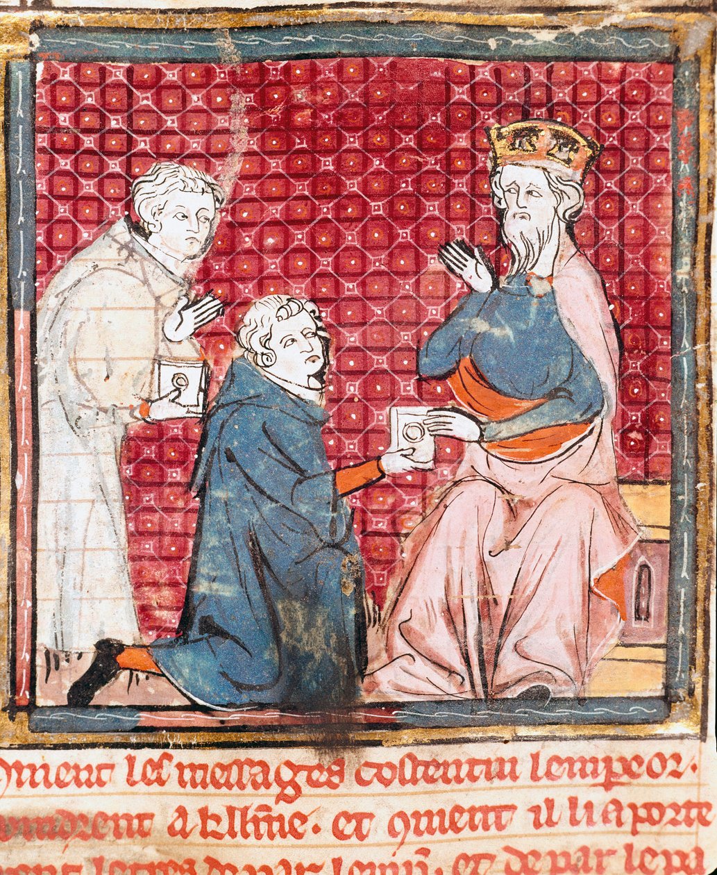 Två budbärare tillkännager i Karl den Store (742-814) segern över miniatyrsaracenerna från "" Grandes Chronicles de France"" 1375-1379 kommunala biblioteket, Castres av Unknown artist