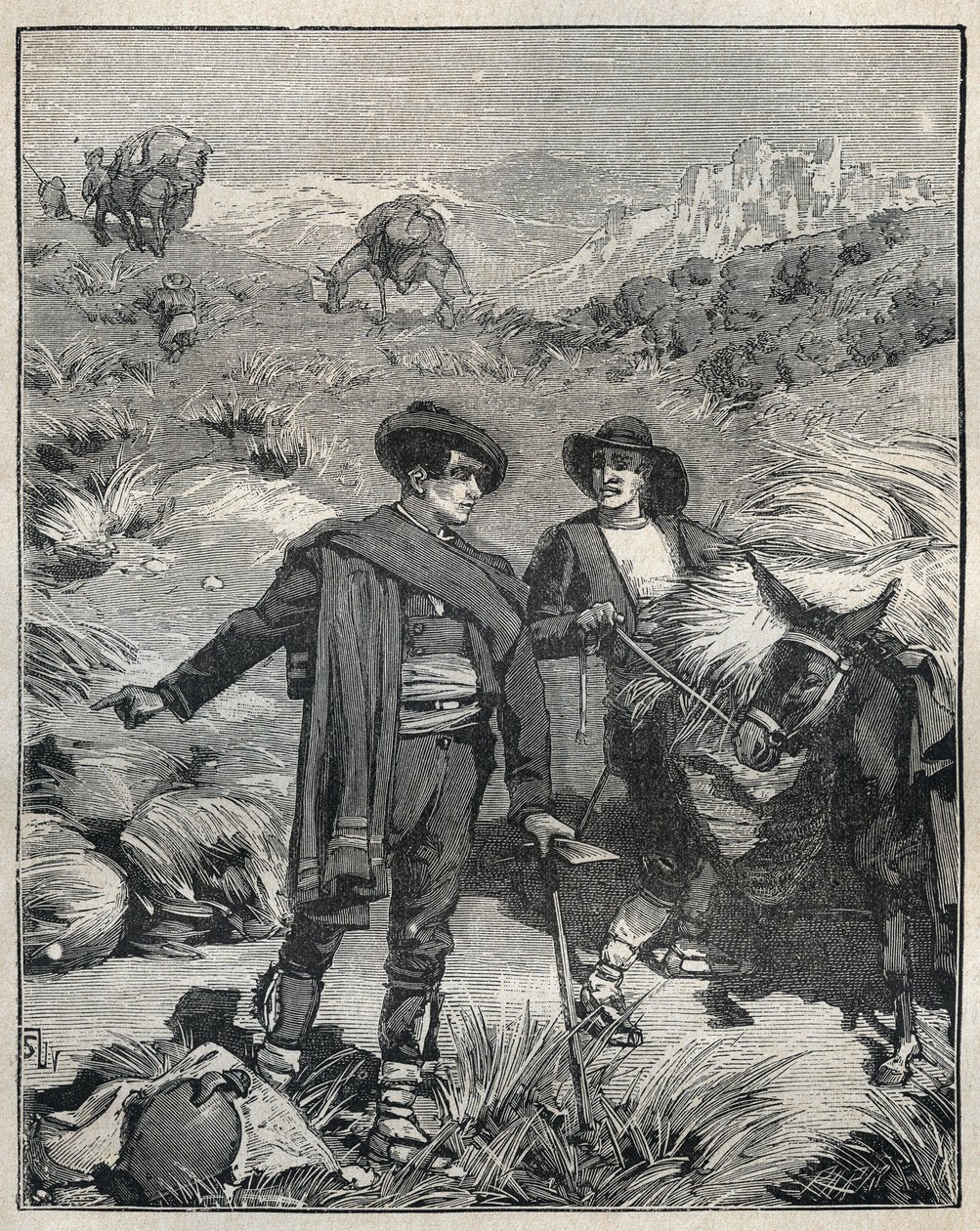 Två bönder från Sierra Almagrera i Spanien upptäckte Jarosos silverfyndighet 1838. Gravyr från 1885 i "" Les arts et metiers illustres"" av Adolphe BITARD. av Unknown artist