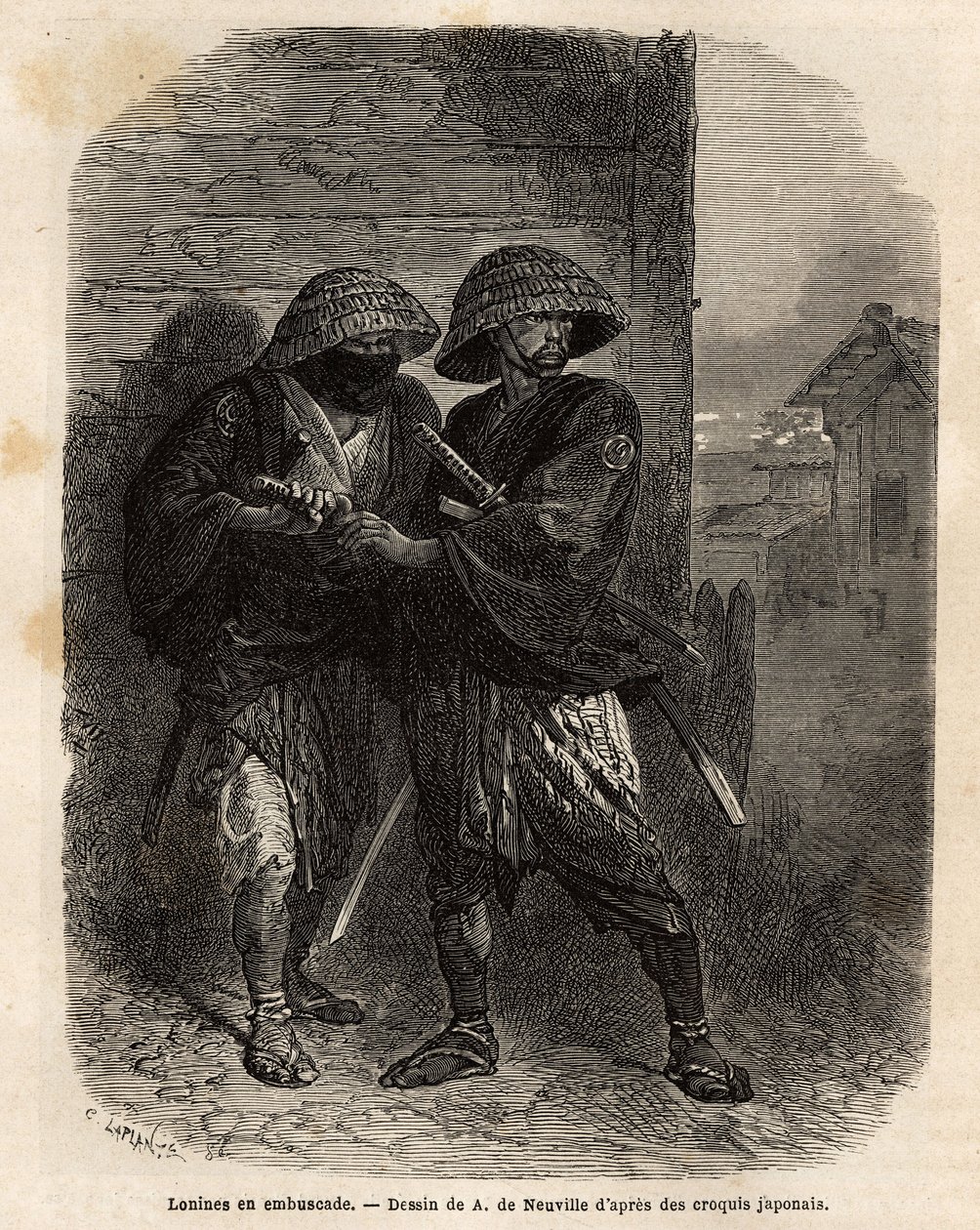 Två roniner (samurajen har förlorat sin herre) som står i bakhåll. Gravyr för att illustrera resan till Japan, 1863-1864, av Aime Humbert, minister för Schweiziska edsförbundet, i "" Le tour du monde, nouveau journal des voyages"" publicerad under ledning av Unknown artist