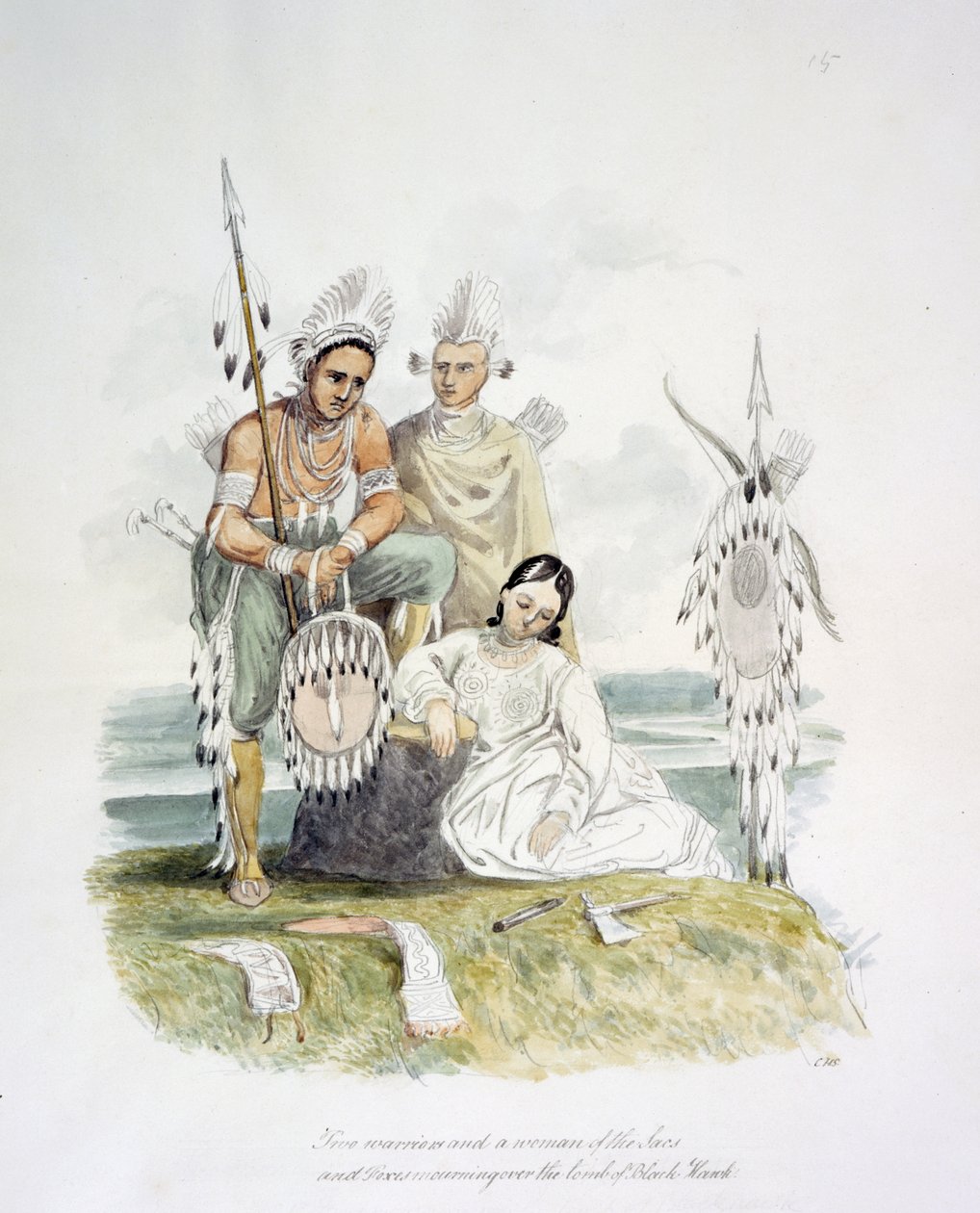 Två krigare och en kvinna från Sacs and Foxes som sörjer över Black Hawks grav, ca 1843-50 (akvarell) av Unknown artist