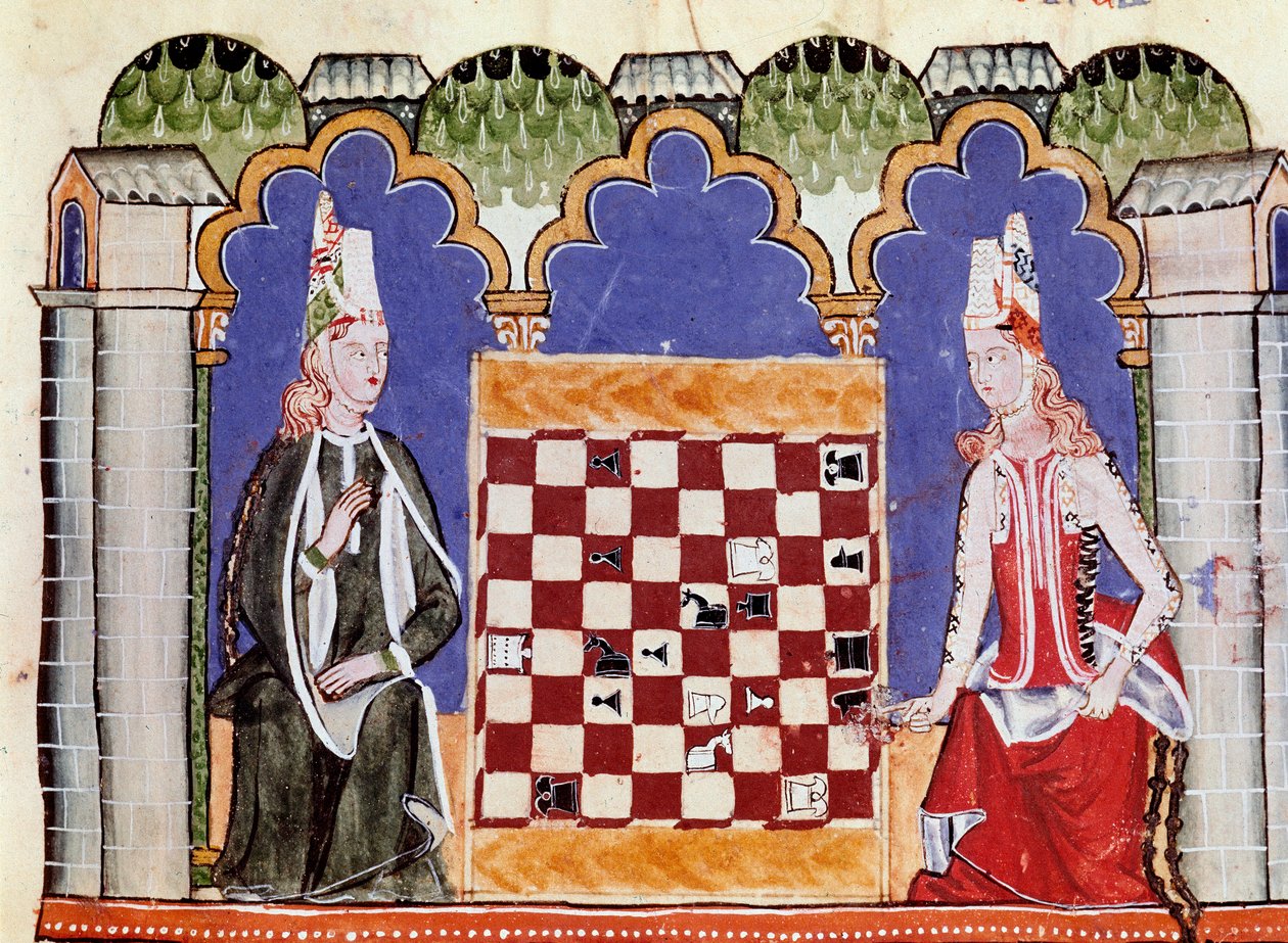 Två kvinnor som spelar schack. Miniatyr från manuskriptet "" Libro de los juegos"" av Alfonso X den vise eller Savanten (på spanska, Alfonso X el Sabio av Unknown artist