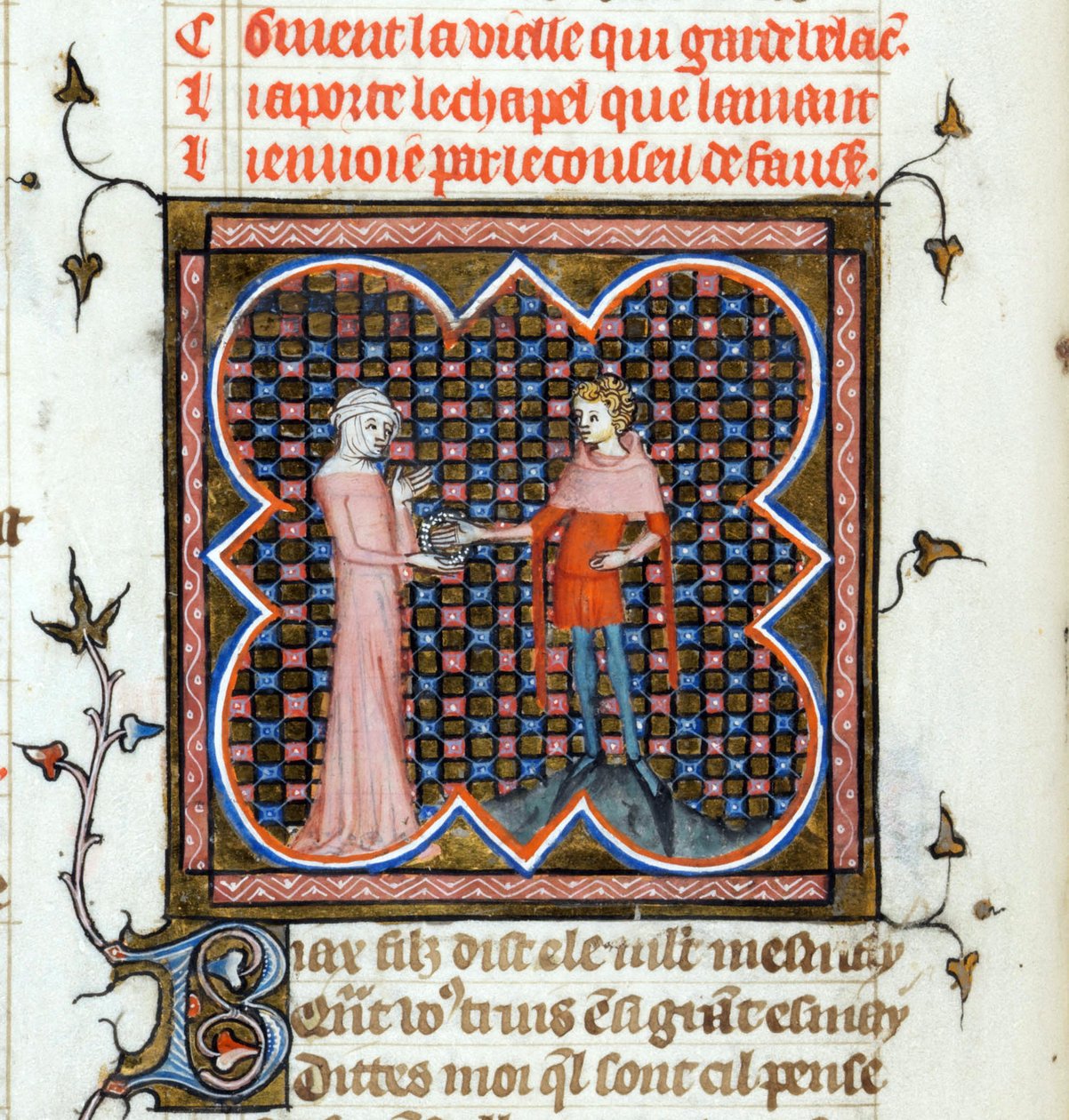 ""En ung man och en gammal kvinna"" Upplyst sida från manuskriptet ""Le Roman de la Rose"" av Guillaume de Lorris (cirka 1200-1238) och Jean de Meun (Meung) (1240-1305) runt 1353 Schweiz Genève bibliotek av Unknown artist