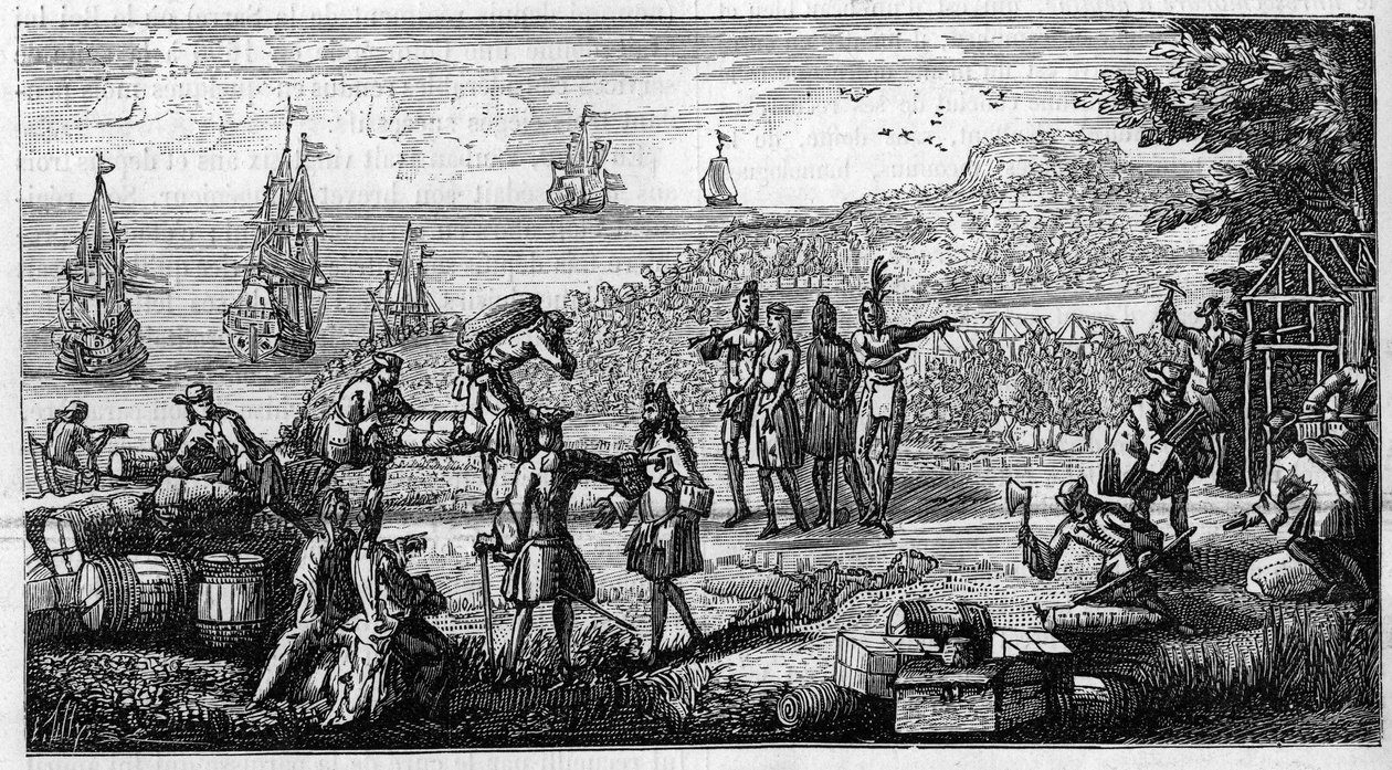 Avbarkning av förråd i de franska kolonierna i Amerika. Pennteckning placerar ett huvud av ett minne av Vauban på "Kolonierna"" i manuskriptet till hans "Oisivetes"" bevarat vid Depot des Fortifications. Gravyr i "" La Nature: revue des sciences et d av Unknown artist