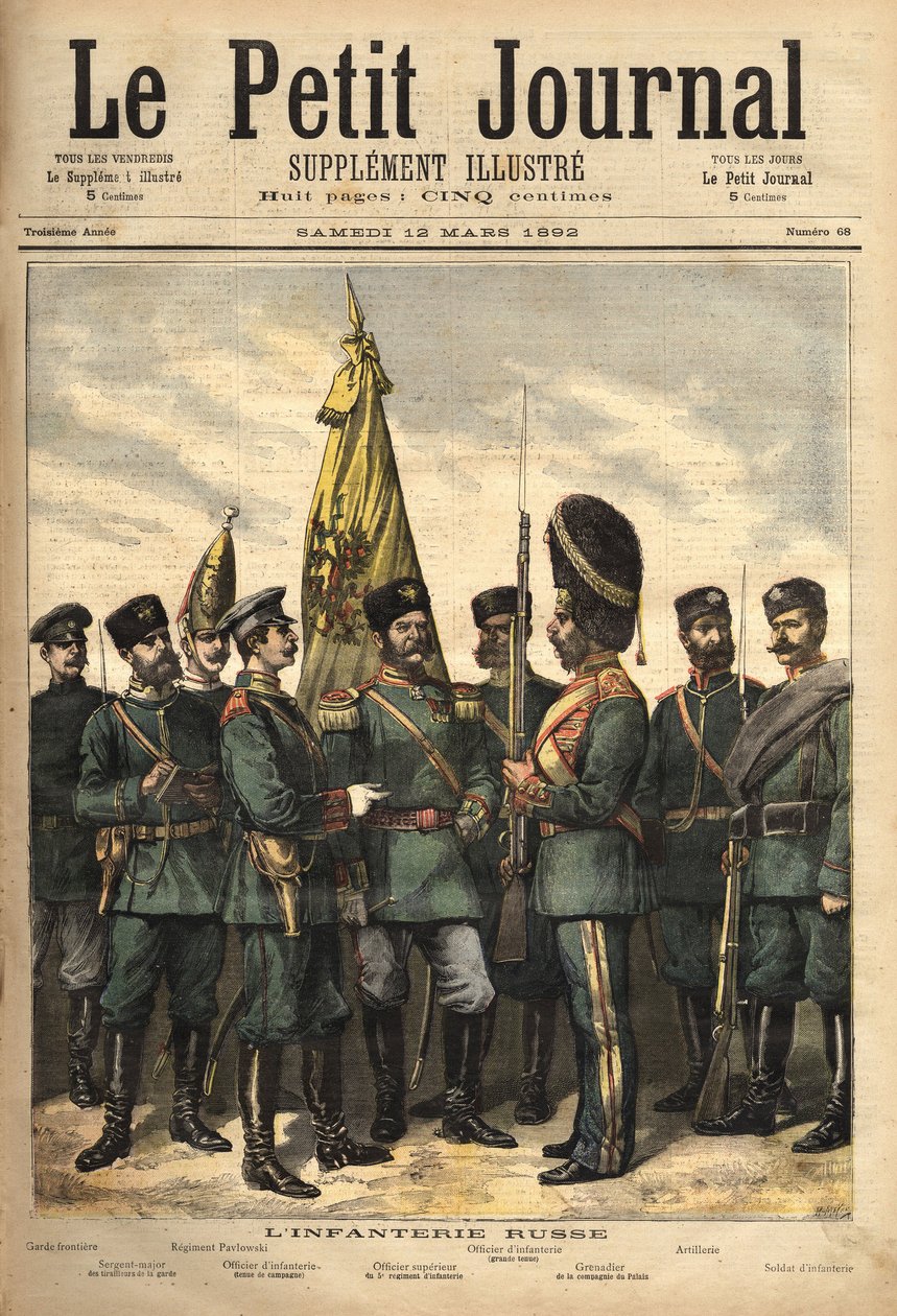 Uniformer för det ryska infanteriet, allierade med Frankrike, från vänster till höger: gränsvakten, vakternas sergeantmajor, Pavlowskiregementet, officeren, överofficeren, palatsgrenadjären, artilleriuniformen och soldaten. Gravyr i av Unknown artist