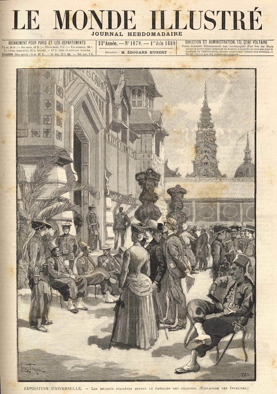 Universell utställning 1889 - Ursprungssoldater framför kolonialpaviljongen (Esplanade des Invalides). Omslag "" Le Monde Illustré"" från 1889-06-01. av Unknown artist