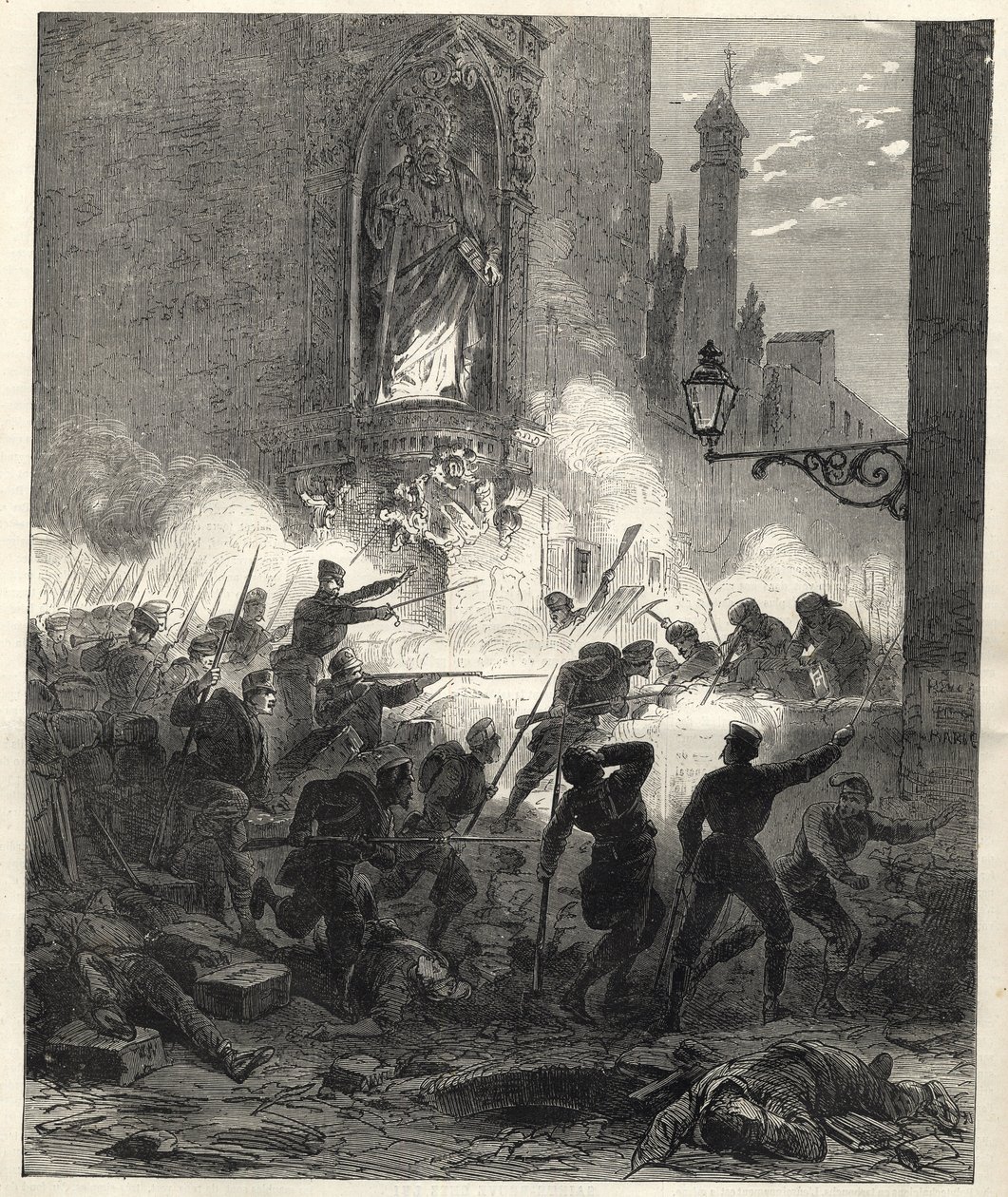 Republikanernas uppror i Katalonien: strider i Barcelona natten mellan den 25 och 26 september 1869 - Sexenio Democratico (sex år demokrati) - Spanien under general Francisco Serranos styre 1869/1870 - Republikanskt uppror i Katalonien: bar av Unknown artist