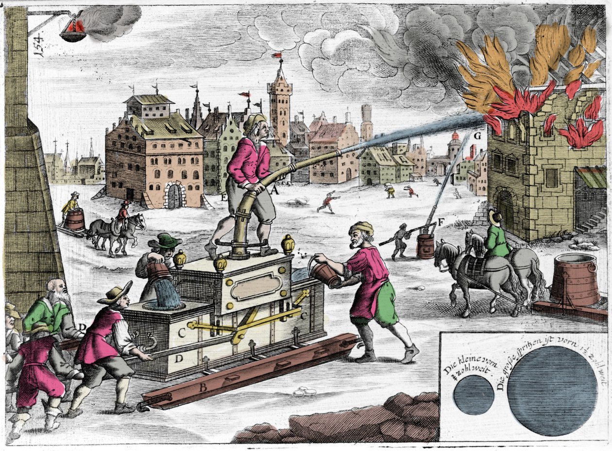 Användning av brandpump av brandkår. Gravyr från "" Theatrum Machinarum novum"" av Georg Andreas Bockler (1644-1698) av Unknown artist