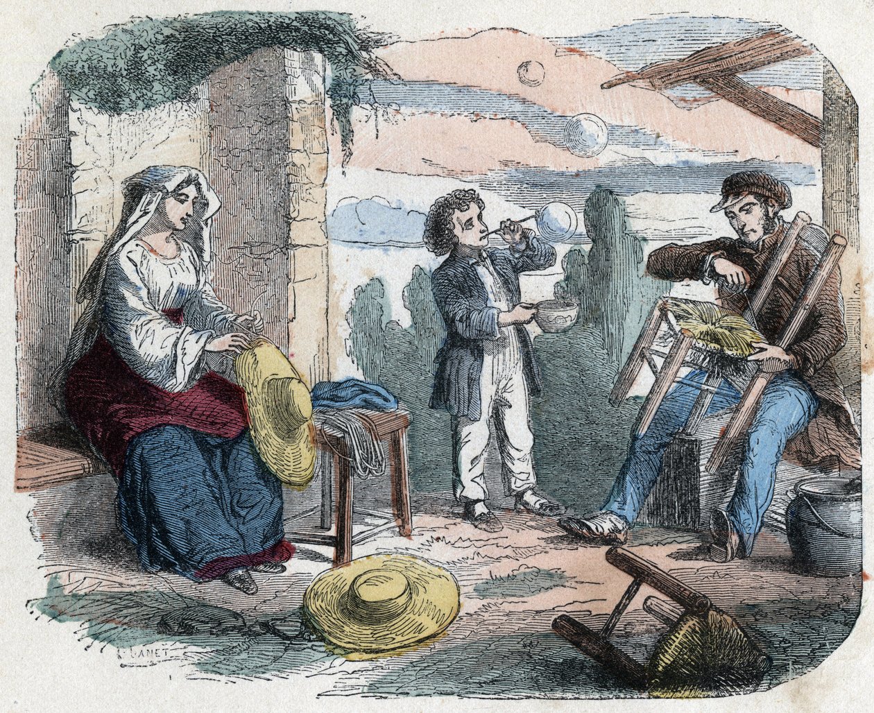 Användning av halm på 1800-talet: en man garnera en stol med halm, en kvinna flätar hattar (korgar), ett barn gör såpbubblor med ett sugrör. Gravyr sent 1800-tal. av Unknown artist