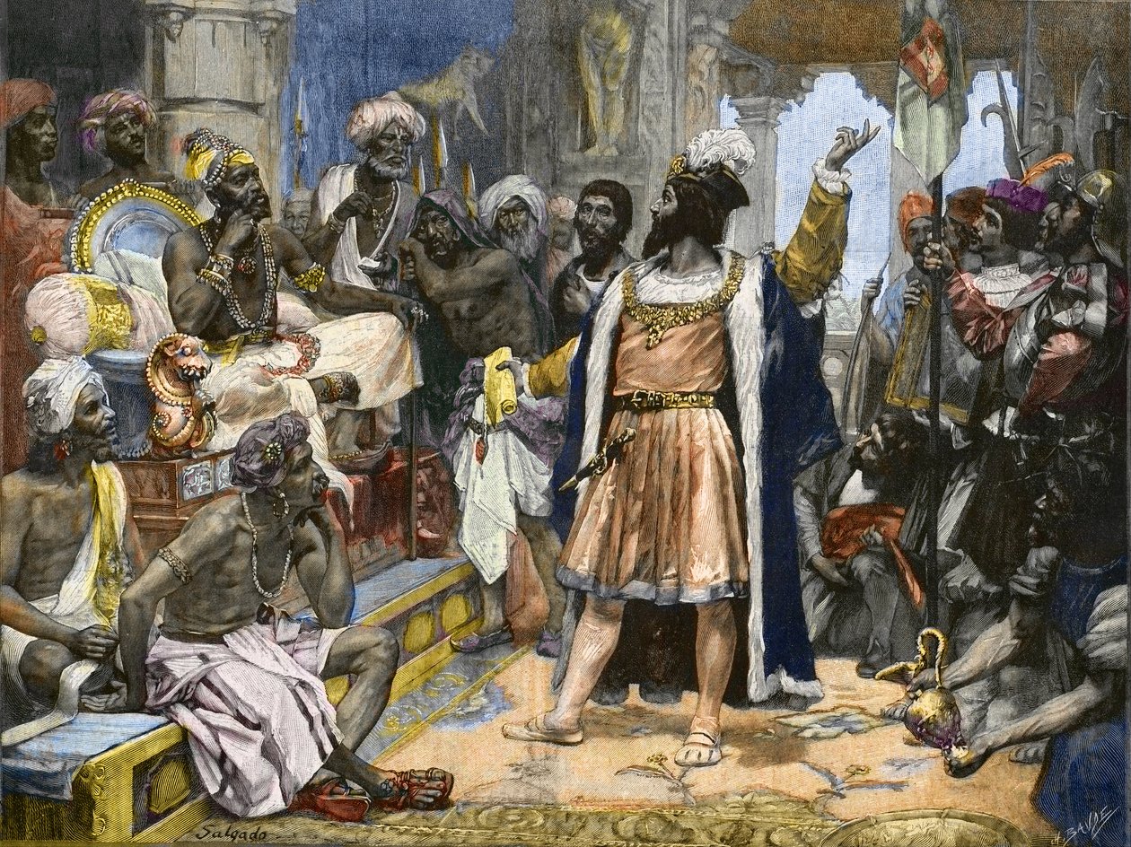 Vasco da Gama levererar brevet från kung Manuel av Portugal till Samorim av Calicut - efter målning, ca. av Unknown artist