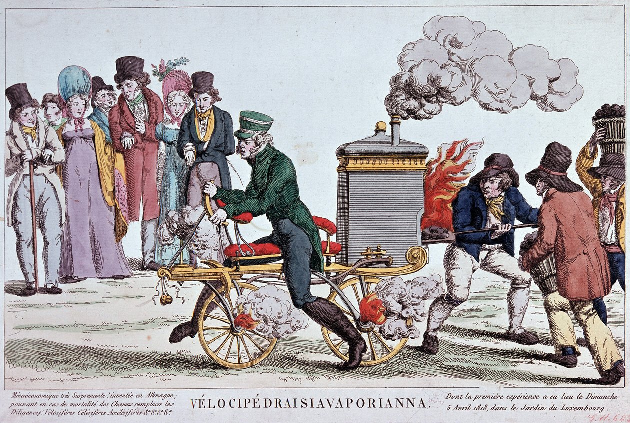 Velocipedraisiavaporianna: ångvelocipede - gravyr omkring 1818, Bibl. av staden Paris. av Unknown artist