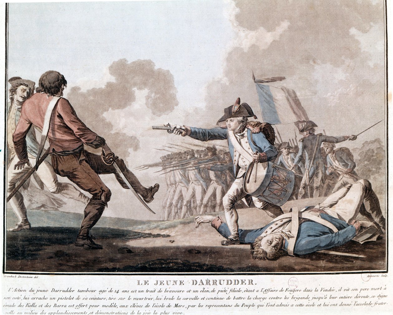 Vendées uppror: den unge Darruder. Detta är ett exempel på patriotisk hjältemod eftersom Darruder var en 14-årig pojke som tog vapnet från sin pappa som låg död för att döda sin lönnmördare och fortsätta kampen. 1793. av Unknown artist