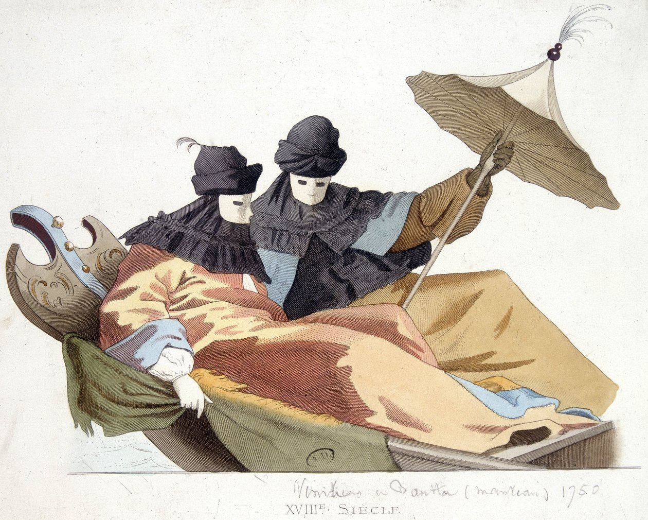 Venetianer maskerade på en gondol av Unknown artist
