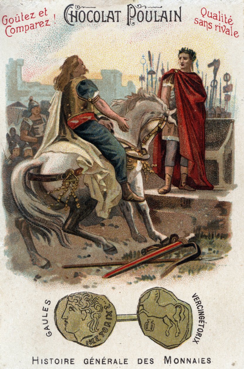 Vercingetorix (72-46 f.Kr.), ledare för det galliska upproret, lägger ner vapen vid Cesars fötter (100-44 f.Kr.), efter att ha definitivt förlorat staden Alesia - In General History of Coins - Chocolate-Foal Chromolithography of the late 1800-talet - Priva av Unknown artist