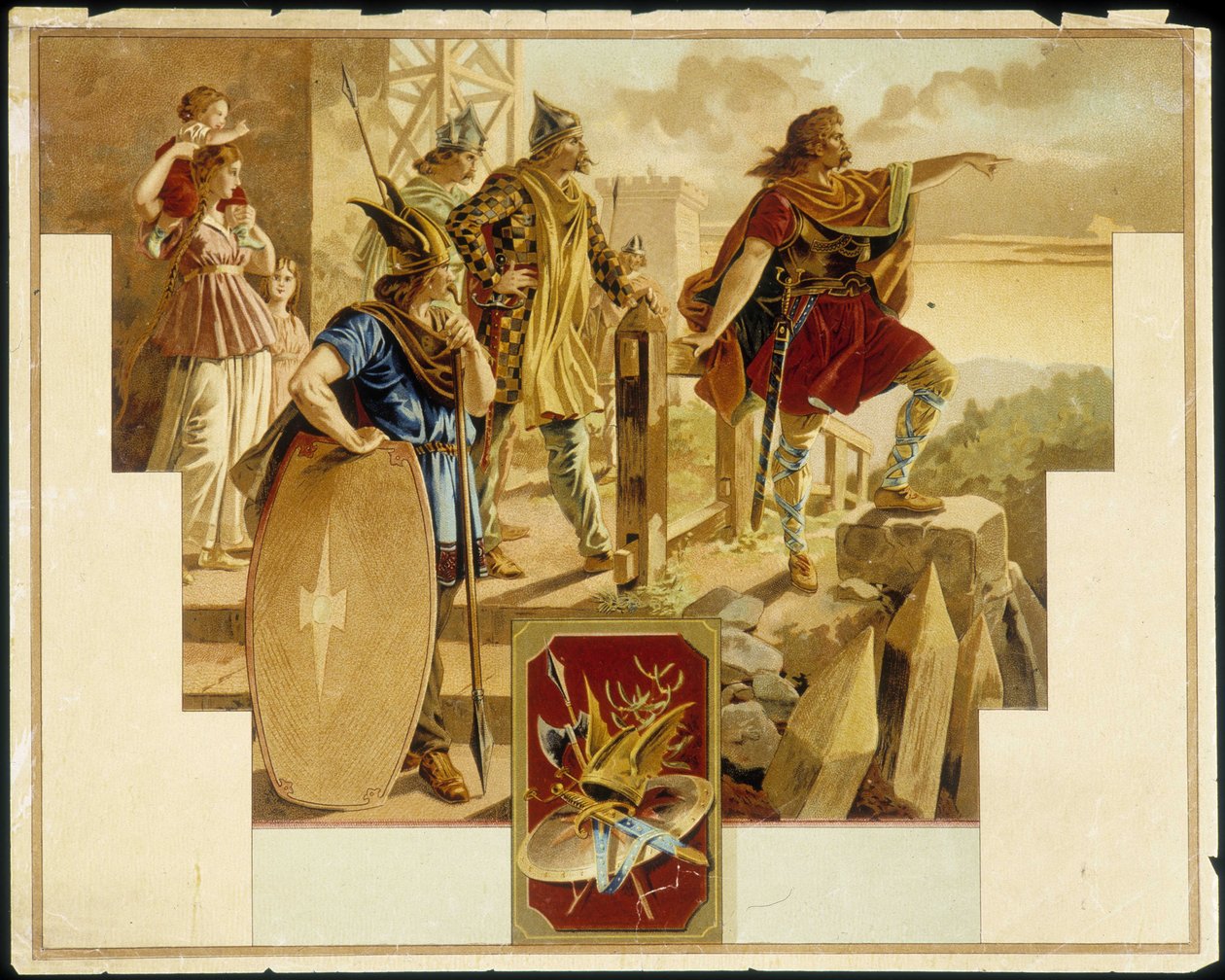 Vercingétorix omgiven av galler, krigare, kvinnor och barn - Kromolitografi av Unknown artist