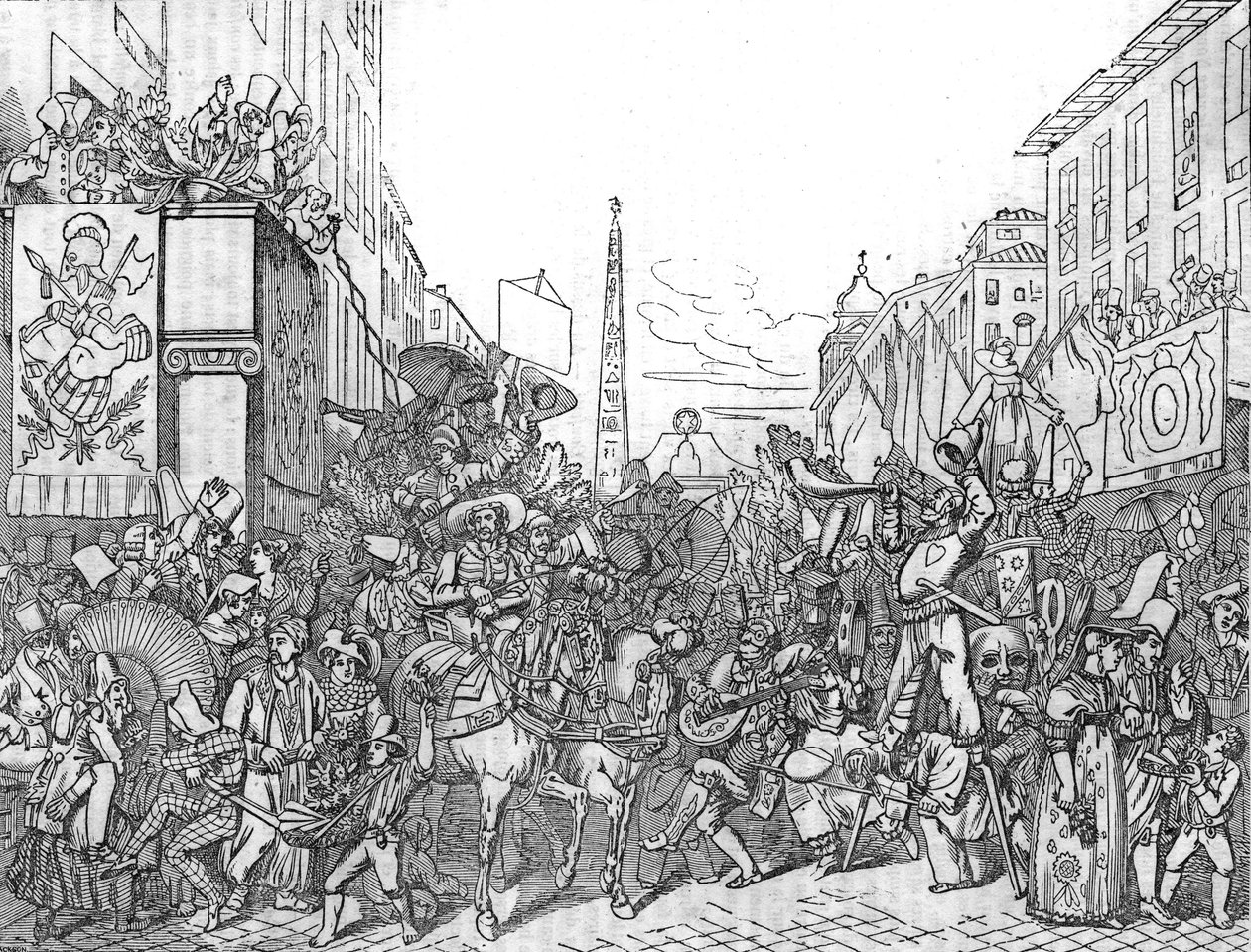 Via del Corso i Rom under karnevalen (Carnevale) 1836. av Unknown artist